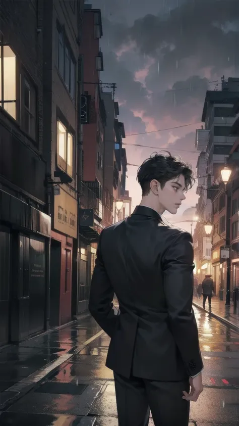 a young man with black hair and blue eyes in a black suit turned his back and half his face in the middle of a rainy city at nig...