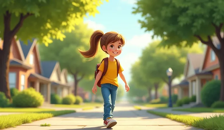 Prompt for Emma Walking Home from School: "A  with light brown hair in a ponytail, wearing a yellow t-shirt, blue jeans, and sneakers, walking on a suburban street in the afternoon. The street is lined with green trees and houses, and she carries a backpac...