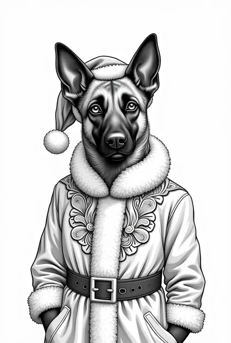 beautiful malinois with big eyes in Peaky Blinders style as Santa Claus as coloring page in black and white
