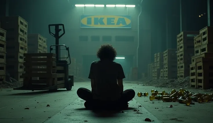 generates a realistic image of a drunk person whose face cannot be seen,next to a pallet truck and some empty bottles, in a warehouse where you can see a sign with the word IKEA