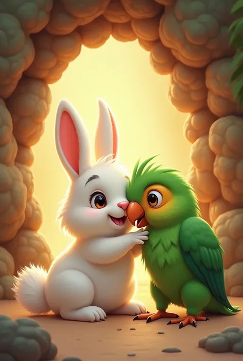 A cute white rabbit take care of a green parrot in his cave