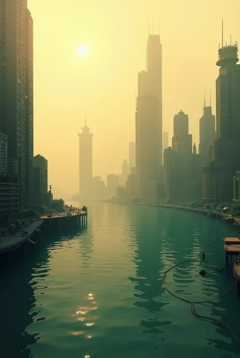  A sun-drenched landscape where skyscrapers peek above water, remnants of a once-bustling city submerged partially. The atmosphere is hazy, with a golden hue reflecting off the waves.