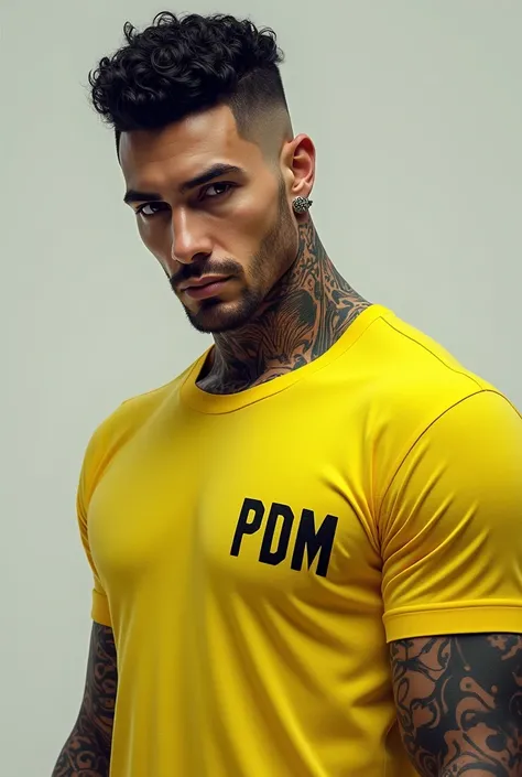 negro, tattooed, with 1,84 tall, short curly hair, pierced ears with small earrings, wearing a yellow t-shirt with pdm written on the corner of the shirt, wear, Pointy nose, medium lips, man