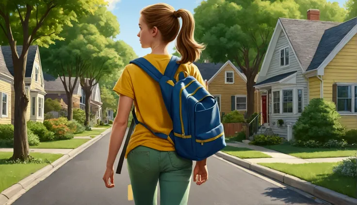 Prompt for Emma Walking Home from School: "A  with light brown hair in a ponytail, wearing a yellow t-shirt, blue jeans, and sneakers, walking on a suburban street in the afternoon. The street is lined with green trees and houses, and she carries a backpac...