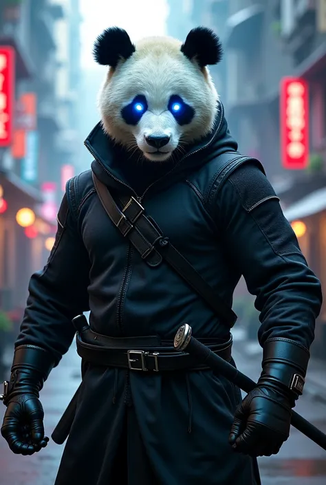 A handsome panda as a modern ninja, has a glowing blue eye