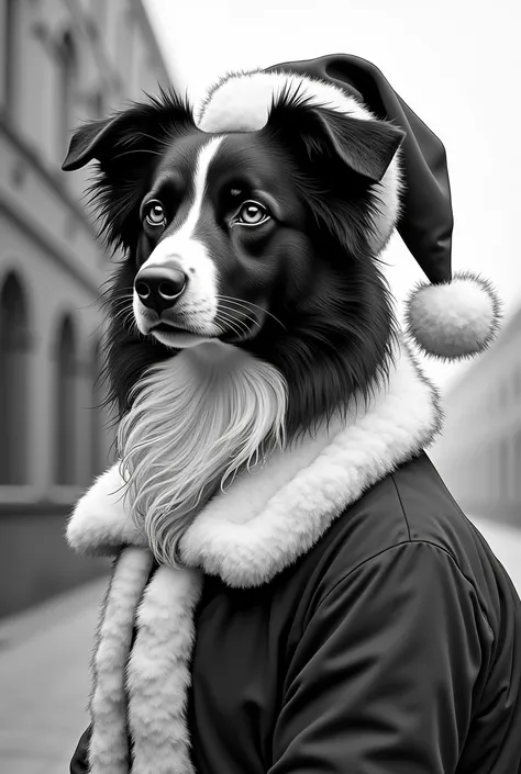 beautiful border collie with big eyes in Peaky Blinders style as Santa Claus as coloring page in black and white
