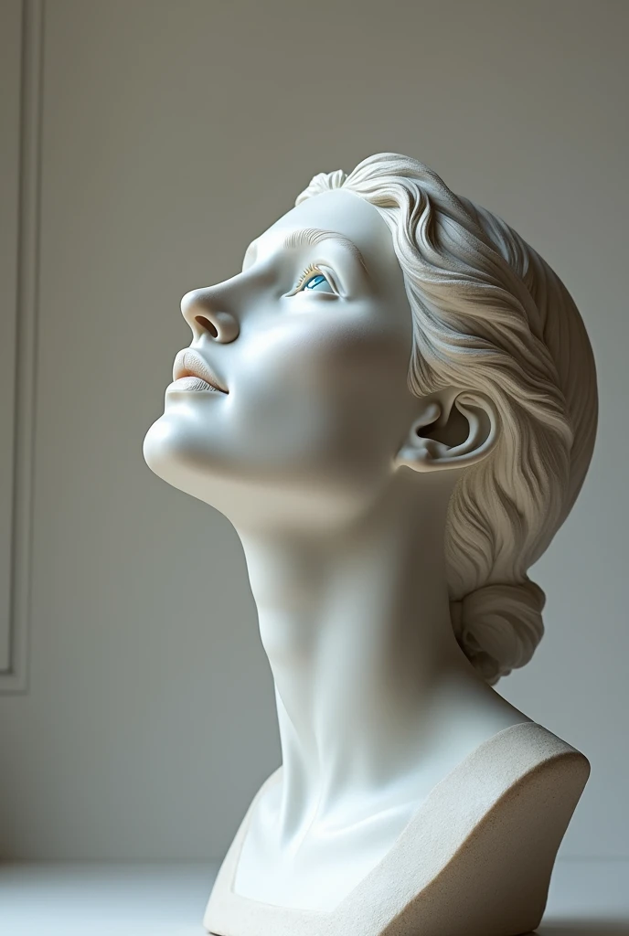 The profile of a Greek sculpture with a slight welcoming smile and a blue gaze shining within the eyes