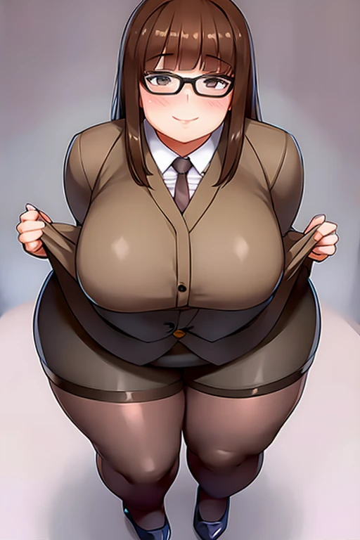 1girl, solo, brown hair, secretary, office girl, stockings, fat, big thighs, big butt, big breasts, fat thighs