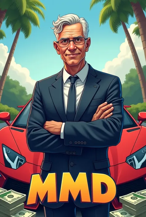 A man in a business suit, in the background an expensive car and a lot of money. In cartoon style . Add Logo Below the man : "MMD". More older and serious man 