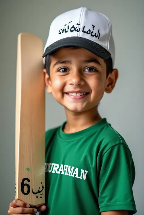 Make A picture of a Pakistani boy who 
is  and  has a white Pakistani cap on his head written on cap As Suffa , and he has a bat in his  right hand, and he has a green tea shirt, written on shirt Abdurrahman , show his name, he is happy so much 