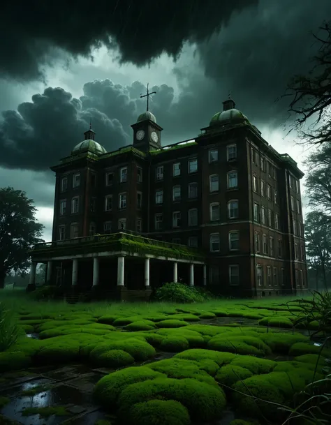 horror scenery, forgotten hospital, moss, a lot of grass, forgotten building, horrifing view, dark thunder clouds, downpour, hor...