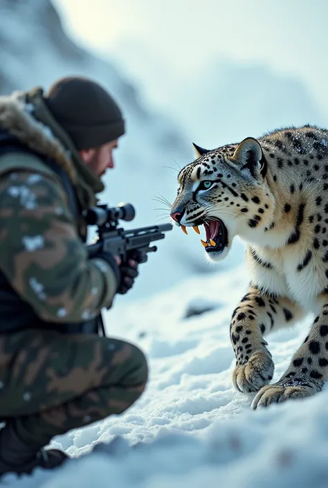 Hunter killing a snow leopard