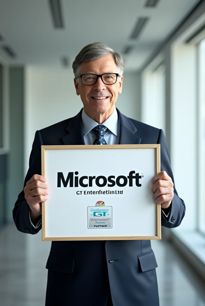 Bill Gates holding a sing named "Software GT Enterprises Ltd" is a verified Microsoft Partner