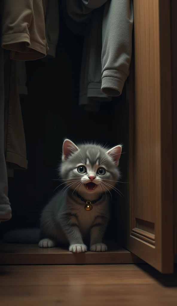 "make a realistic picture. A little kitten named Luna. Lunas soft gray fur, trapped in the cupboard began to feel panic. In the darkness, she began to meow softly, the bell on her neck rang as she moved. Luna scratched the wooden door, trying to get out, b...