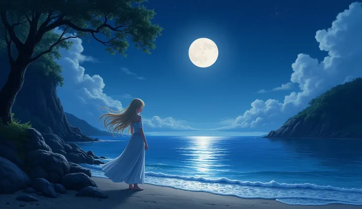 starry moonlit sea, reflecting blonde japanese