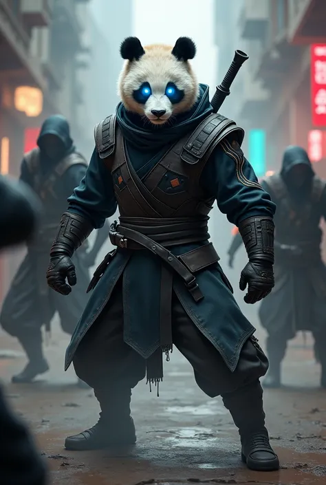 A handsome panda as a modern ninja, has a glowing blue eye, holding mic fighting with people