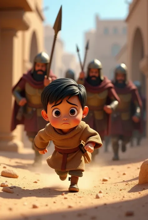 Create a 3D Disney style image of Daniel from the time of Jesus I want Daniel in the form of a child, with a sad face running away from the brave and angry soldiers, I want it in a very playful drawing format 