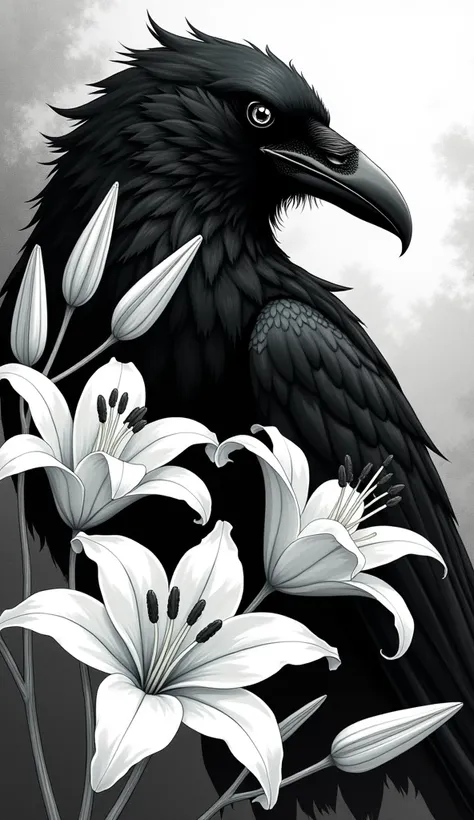 Monochrome Manga art style, prominent black raven head, intricate feathers detailed with fine linework, fierce piercing gaze, contrasting with ethereal white lilies, softly curving petals gracefully surrounding raven, delicate textures rendered with gentle...