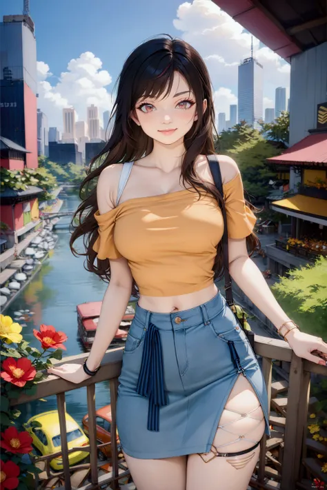 realistic anime illustration of Korean tourist woman is posing at aluminium and flowers railing, skyscraper scenery, she has dark brown hair (foreheads), wearing light orange short sleeve off-shoulder, white straps, pastel-blue denim pencil skirt, ((master...