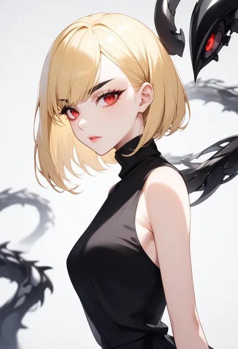 One Woman（Cool beauty、Large, long, cut eyes、Long eyelashes、Sharp eyebrows、Red Eyes、Long limbs、Large head、Blonde、straight、Medium Bob、black sleeveless turtleneck、White Skirt）