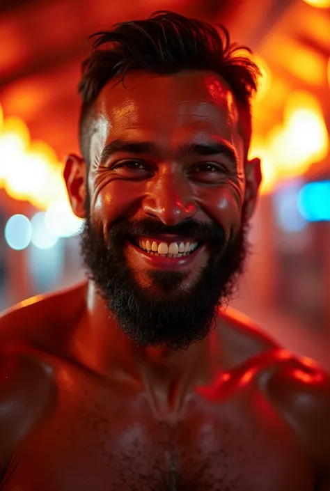 A happy good looking beard Malay middle age man,short fade hair,glowing neon light at background,at night,orange lighting,tough body shaped,at park,sweating,close up,HD,glowing eyes,smiling,glowing picture