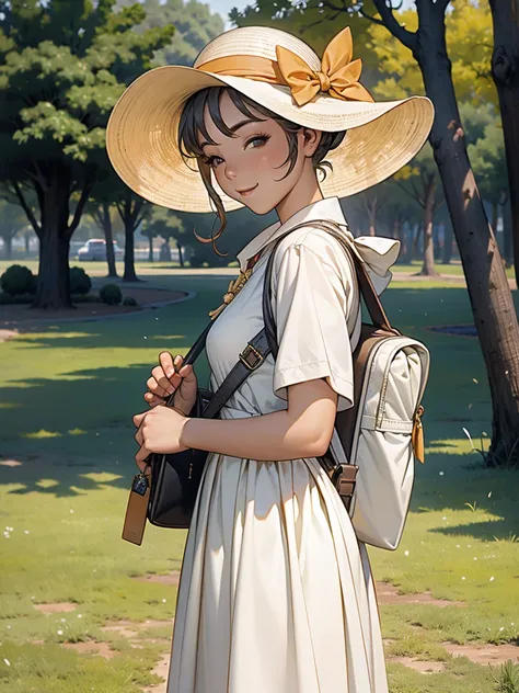 work of art, best quality, high resolution, extremely detailed, detailed background, cinematic lighting, 1 girl, looking at the viewer, park, white dress, sunhat, smile, wearing  mochila randoseru, (mochila randoseru:1.0), standing