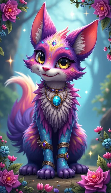 Vivid fursona reference sheet, enchanting anthropomorphic character, vibrant and multicolored fur, intricate patterns resembling swirling galaxies and lush forests, large expressive eyes reflecting joyful curiosity, elaborate  markings that hint at unique ...