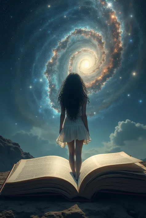 Mystical image of a single woman with dark curly hair standing back to back, coming out of a book and looking at the universe in the background 