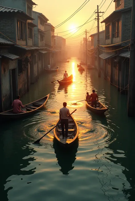 People in small boats navigating through flooded streets, casting nets and lines, with the sun setting behind them, casting long shadows.