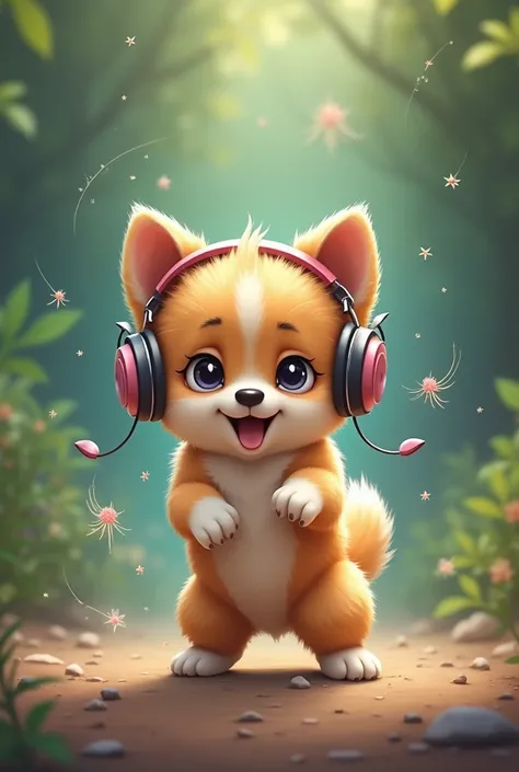 Cute little dog has ki with headphones 