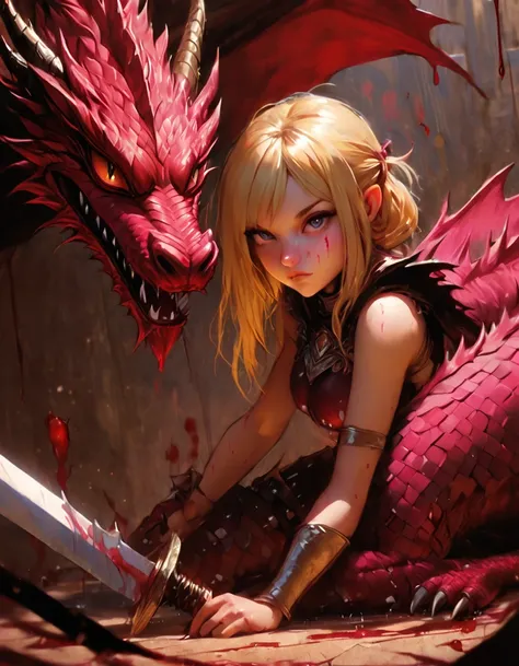 warrior girl with a giant dragon, blonde, sexy, castle, chain mail armor, sword in hand, battle, blood splattered, drawing with colored pens, sketch, {{{,{pussy,spread her pussy,cum,cum on pussy,masterbation,straddling,y}}},cute,ultra detailed skin,sketch}...