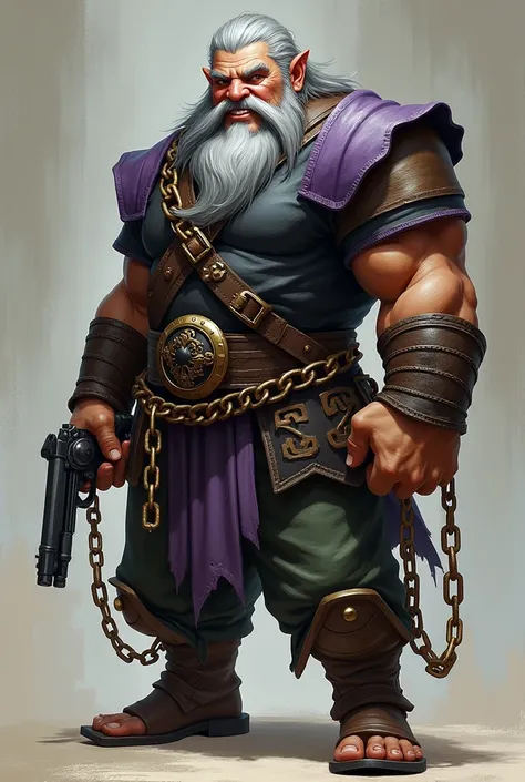 "A dwarf of 1,60m, with a youthful appearance and athletic body, brown skin , long gray hair and no beard on the face. He is dressed in a black and purple leather shirt and dark green pants., holding chains in one hand and a revolver in the other, conveyin...