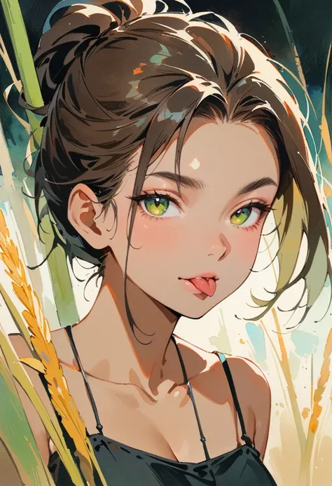 (masterpiece, best quality:1.4), 1 girl, Alone, watercolor(medium), Anime style, Black Ponytail Hairstyle, Highlights, Emerald green pupils, Blurred eyes, A contemptuous smile, Hold your head high, Left eyebrow raised, Dark brown skin, Wheat skin, Stick ou...