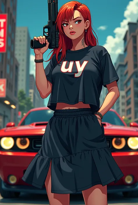 Gangster wearing a baggy dress and holding a gun in the background there is a Dodge Challenger car on the gangster tshirt written as UY create a image in anime 