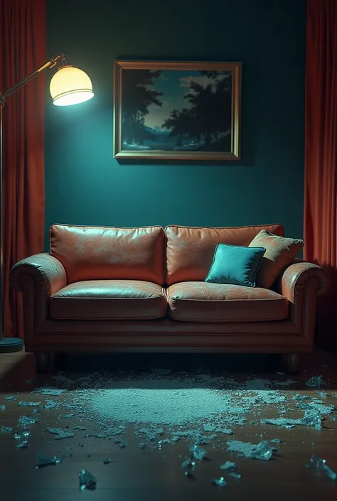 A living room with a high-end but slightly dated 1980s design. A couch sits at the center, with signs of struggle, and broken glass on the floor. In the background, the dim light adds a sense of eeriness. No bodies are visible, but theres a palpable sense ...