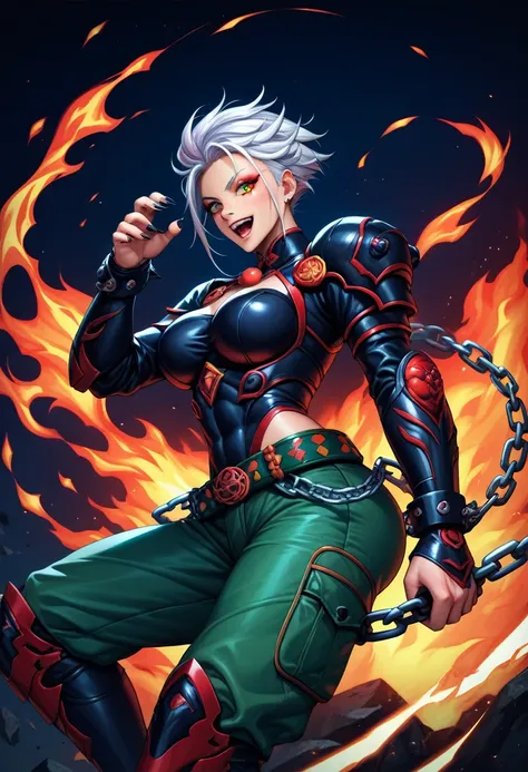 feMale tiger age 35, asian, white hair visual kei, wisdom sight, white plate armor, armor plate white tiger, a belt with red ying yang crystal, dark green leather matrix gabardine, dark green cargo, arm on red fire, chains around the belt, leather boots wi...