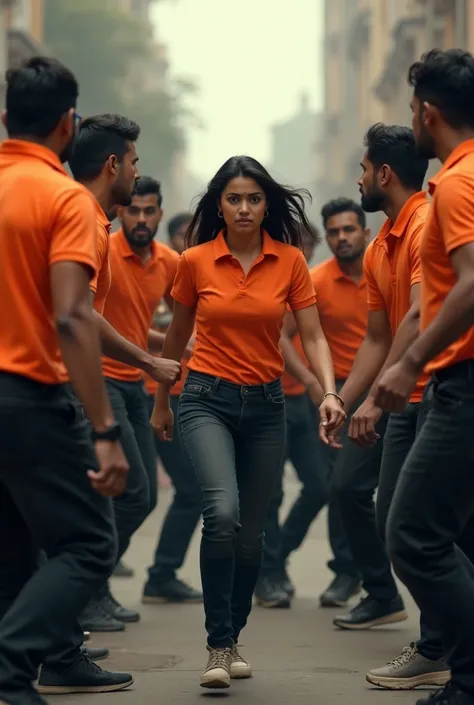 give me the picture that 10 people with orange polo t-shirt and black pant flying to attack 1 madam indian