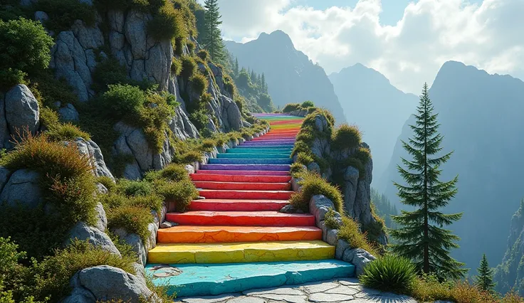 A staircase with a gradient of colors, exterior, realistic, mountain. The staircase blends in with nature 