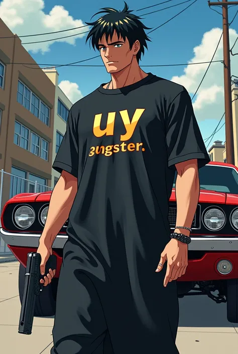 Gangster wearing a baggy dress and holding a gun in the background there is a Dodge Challenger car on the gangster tshirt written as UY gangster is a guy create a image in anime 