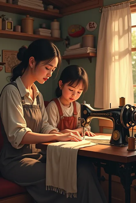 A simple mother stitching cloths by using sewing machine at small old home and her little baby girl watching
