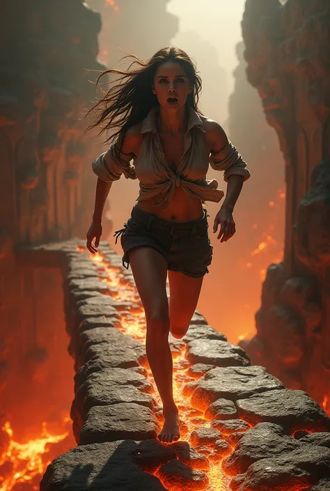 Young woman scared barefoot running through the stone bridge above lava lake