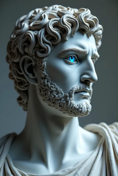 The profile of a male Greek sculpture with a blue gaze fixed on me and a somber tone to his countenance
