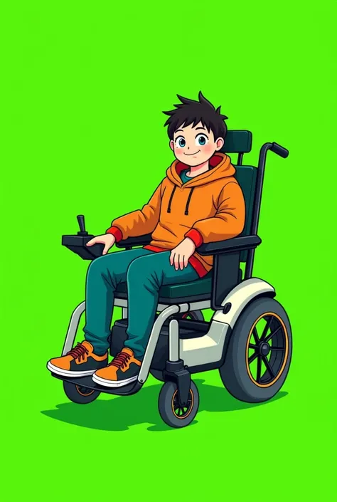 This man is sitting in an electric wheelchair.Anatomically correct, smile, Blushing, Open your mouth, Blue eyes, 
boy