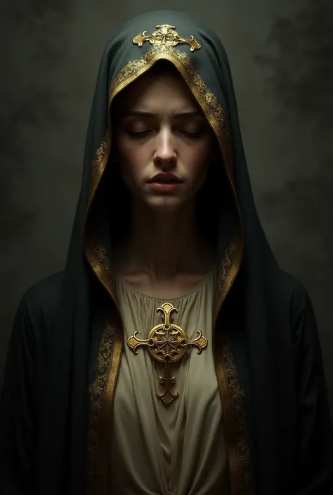 The Virgin Mary with a suffering face wearing a black and gold cloak with 7 swords on her chest 