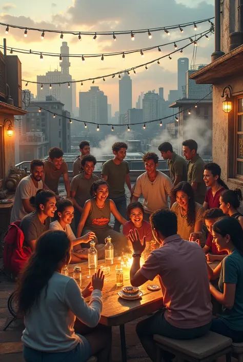 A diverse group of people gathered on a rooftop at dusk, sharing stories and laughter, surrounded by cooling systems and salvaged technology.