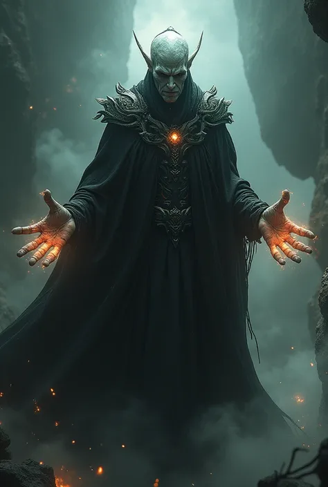 Zarok is an imposing figure distorted by dimensional magic.. His skin is pale and covered in fissures that seem to open to other dimensions.. His eyes shine with a silver light, and he wears a black cloak that seems to blend into the darkness around him. Y...