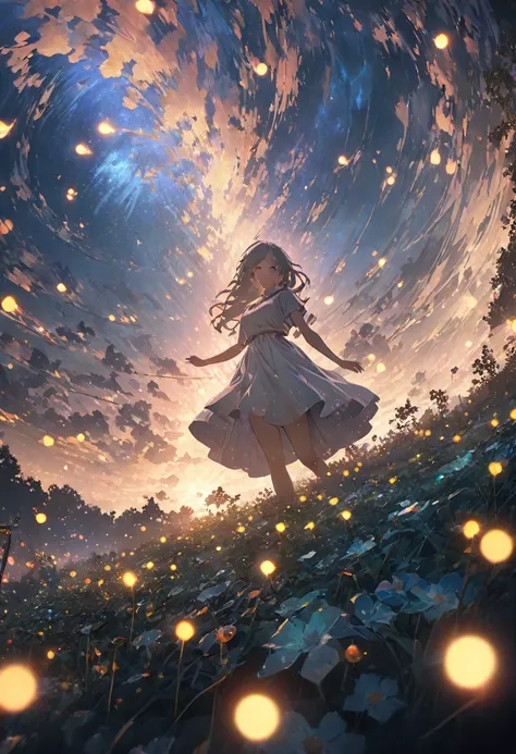 (8k, top quality, masterpiece: 1.2), (Anime style, photorealistic: 1.37), super detail, one girl, wide angle of view, firefly garden, lots of small faint light and fireflies flying around, night