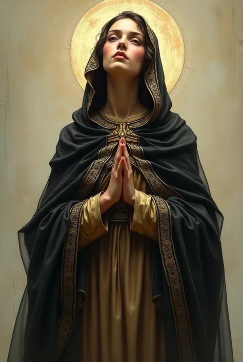 The Virgin Mary with a black and gold cloak with 7 swords on her chest 