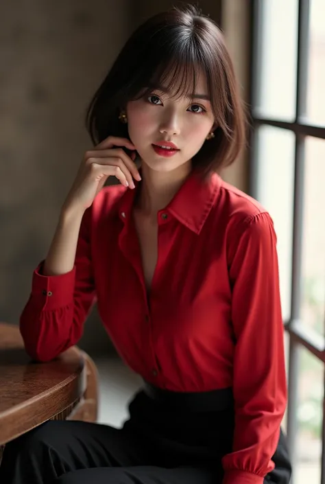 a Japanese idol with short hair, dark brown, with dark red blouse and black