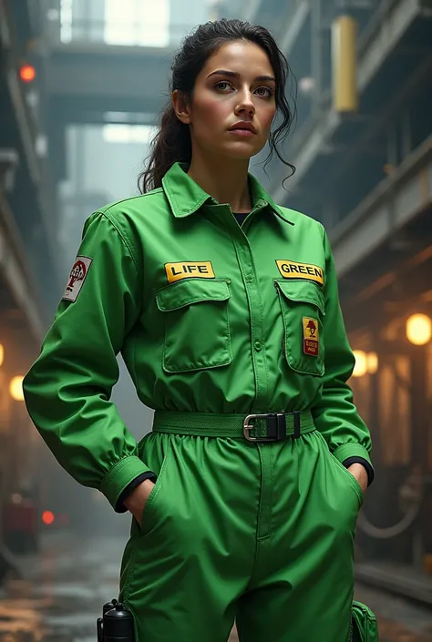 Woman in green industrial uniform with life green written on it